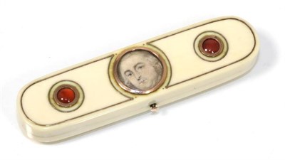 Lot 202 - A George III ivory toothpick case, the cover with gold inlay and central portrait miniature of...