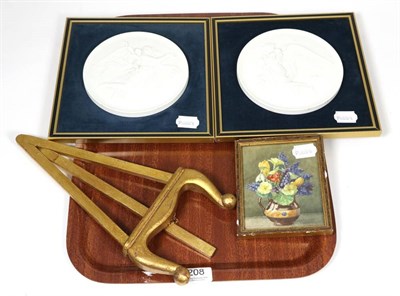 Lot 208 - A miniature watercolour with easel stand; and a pair of Parian roundels
