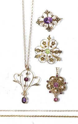 Lot 246 - An Art Nouveau amethyst and seed pearl pendant on chain, stamped '9CT'; an Art Nouveau peridot...