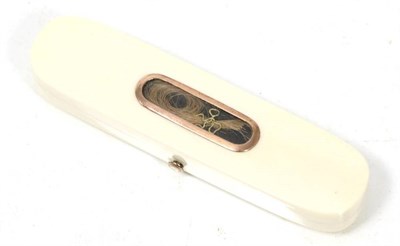 Lot 254 - A George III ivory toothpick case, the cover with gold mounted glazed aperture containing a lock of