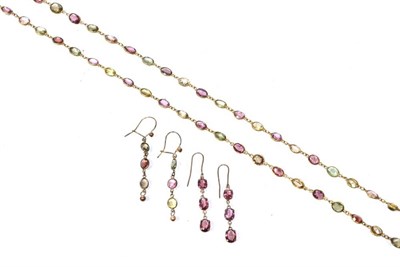 Lot 263 - A multi-gemstone necklace and earring suite, oval cut garnets and green yellow stones as individual