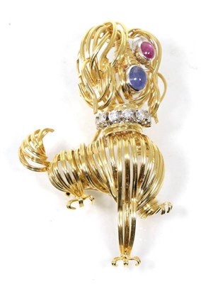 Lot 269 - A sapphire, ruby and diamond novelty poodle brooch, with cabochon ruby eye, cabochon sapphire...