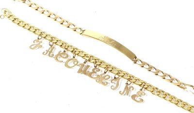 Lot 274 - A 9 carat gold identity bracelet (engraved) and a 9 carat gold name charm bracelet, 18.7g gross (2)