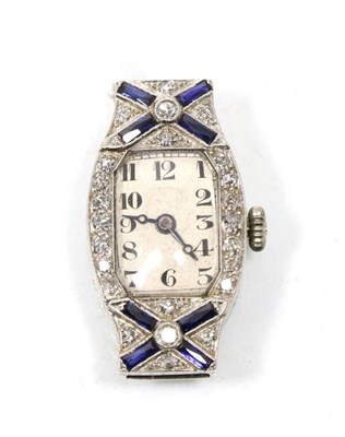 Lot 286 - An Art Deco sapphire and diamond cocktail watch, rectangular cushion dial with Arabic numerals...