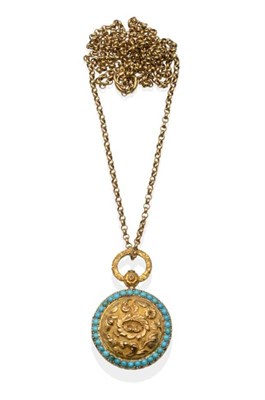 Lot 234 - A Turquoise Locket, Possibly French, the domed circular centre with an embossed floral motif...