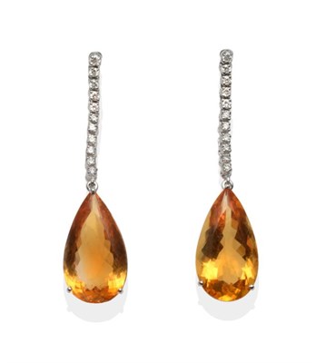 Lot 253 - A Pair of 18 Carat White Gold Citrine and Diamond Pendant Earrings, an articulated chain of...