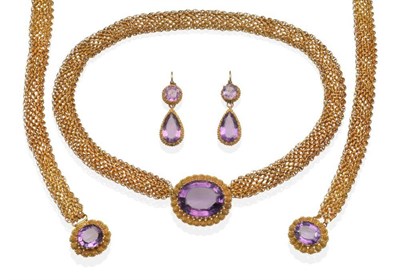 Lot 257 - A 19th Century Amethyst Suite, comprising a necklace, two bracelets and a pair of earrings, the...
