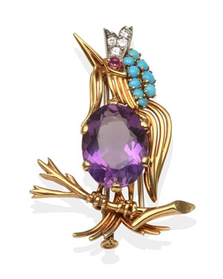 Lot 271 - A Multi-Gemstone Set Novelty Bird Brooch, by Cartier, of abstract form and modelled perched on...