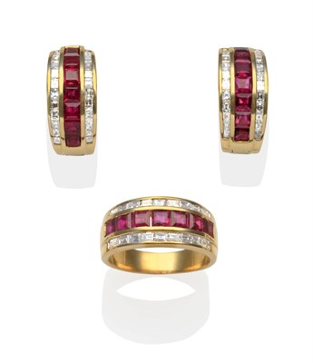 Lot 274 - A Ruby and Diamond Ring and A Pair of Matching Half Hoop Earrings, the ring with a band of...