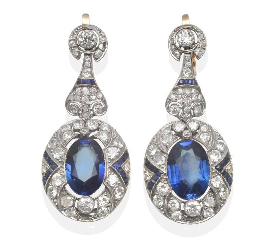Lot 305 - A Pair of Art Deco Synthetic Sapphire and Diamond Drop Earrings, an old cut diamond stud within...