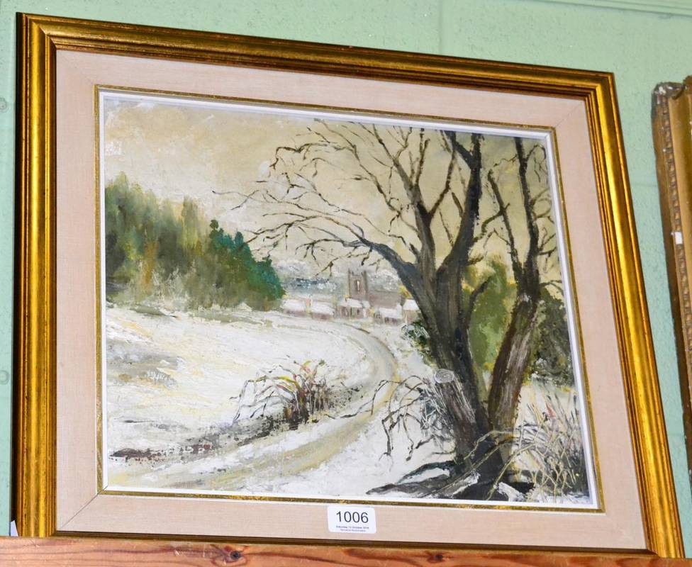 Lot 1006 - British School, 20th century, Village in a winter landscape, oil on board, 34cm by 39cm