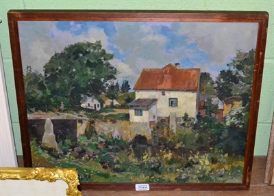 Lot 1022 - Aage Lund (Scandinavian, 1892-1972), Village summer landscape with bridge and cottages, oil on...