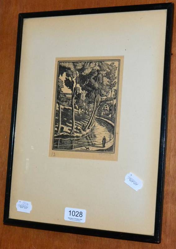 Lot 1028 - Gwen Raverat (18185-1959) River landscape with Cathedral, woodcut, artists proof, pencil signed and