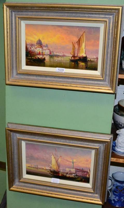Lot 1029 - Continental School 20th Century, Venice at sunset, a pair, oil on board indistinctly signed F...