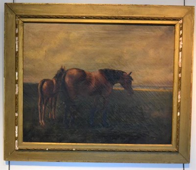 Lot 1031 - British School, late 19th Century, Chesnut mare and foal in an extensive landscape, oil on...