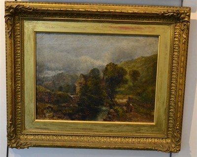 Lot 1044 - Joseph Haslam Hawksworth (1827-1908) Figures beside a cottage in a mountainous landscape, oil...