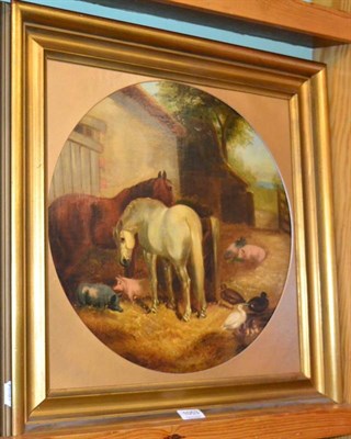 Lot 1053 - After J F Herring, Horses, pigs and ducks in a farmyard, oil on canvas, 46cm by 46cm