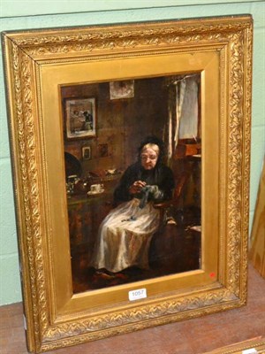 Lot 1057 - A. Hunt (19th Century) Study of a lady sewing in an interior, oil on canvas, signed and dated...