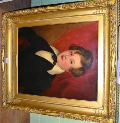 Lot 1058 - British School, 19th Century, Portrait of a young boy, half length, in a black coat, oil on canvas