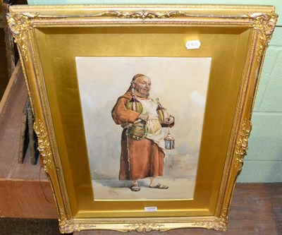 Lot 1059 - Pierre Joseph Antoine (Belgian, 1840-1913), A monk carrying bottles of wine, watercolour signed and