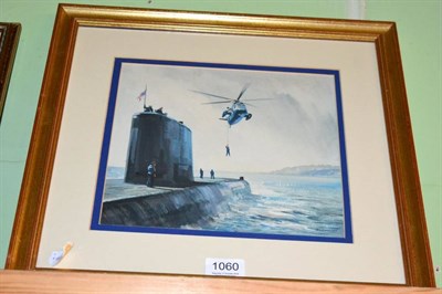 Lot 1060 - John Lewis Chapman (b.1946) Sea king helicopter and H.M.S. Invincible submarine, signed,...