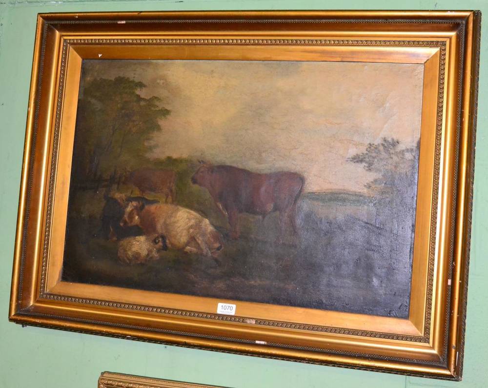 Lot 1070 - British School, late 19th Century, Cattle and sheep resting in a pastoral landscape, oil on canvas