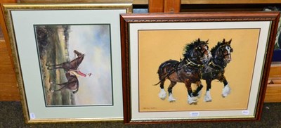Lot 1078 - Norman Hoad (20th Century) Heavy horses ploughing, oil on paper, wigled lower left; and R....
