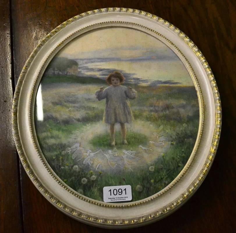 Lot 1091 - Emmeline Deane (1858-1944) ''Caught'', a young girl and fairies on the clifftop, watercolour, oval
