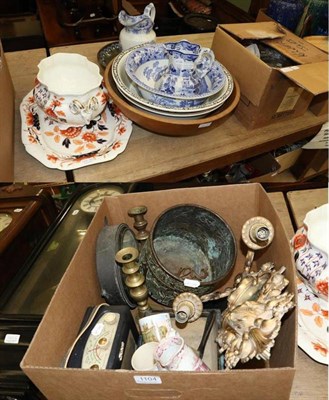 Lot 1104 - A group of ceramics, metal ware and other items to include: a cast gilt metal twin light wall...