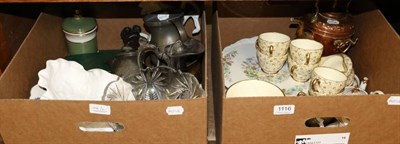 Lot 1116 - A mixed lot to include part tea service; large pewter mug; cake plates; copper kettle on stand;...