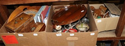 Lot 1120 - A quantity of silver plate and other metal wares, two tea caddies; various treen etc