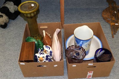 Lot 1135 - Two boxes of miscellaneous including a jardiniere stand, a humidor, a pair of reproduction...