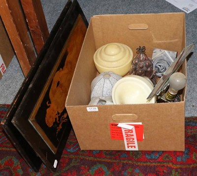 Lot 1139 - A box of Art Deco style lamps and light shades and two Art Nouveau wooden panels