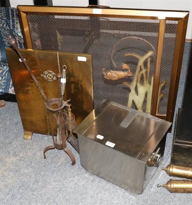 Lot 1146 - An Art Deco style coal box, a brass fire screen, a fender decorated with fish and various fire...