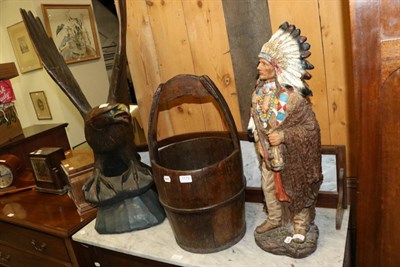 Lot 1172 - A 19th century coopered bucket with fixed handle together with a large carved wood eagle and a...