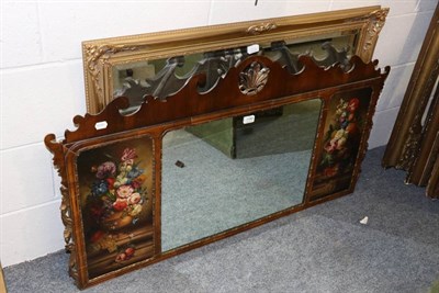 Lot 1189 - A mahogany wall mirror with still life painted side panels together with a modern gilt mirror