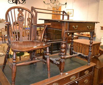 Lot 1204 - A George III provincial oak side table, a 19th century Windsor chair, a Victorian work table...