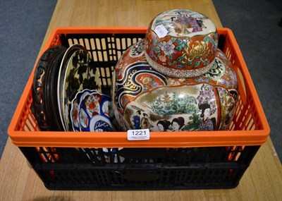 Lot 1221 - A large modern decorative ginger jar and cover on wooden stand; two Japanese Imari plates circa...