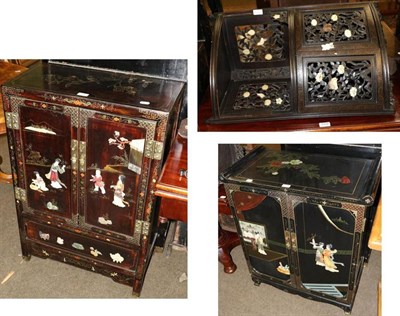 Lot 1311 - An Oriental black lacquered and hardstone set side cabinet together with another similar...