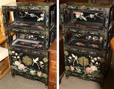 Lot 1314 - A pair of Oriental black lacquered and hardstone set bookcase cabinets