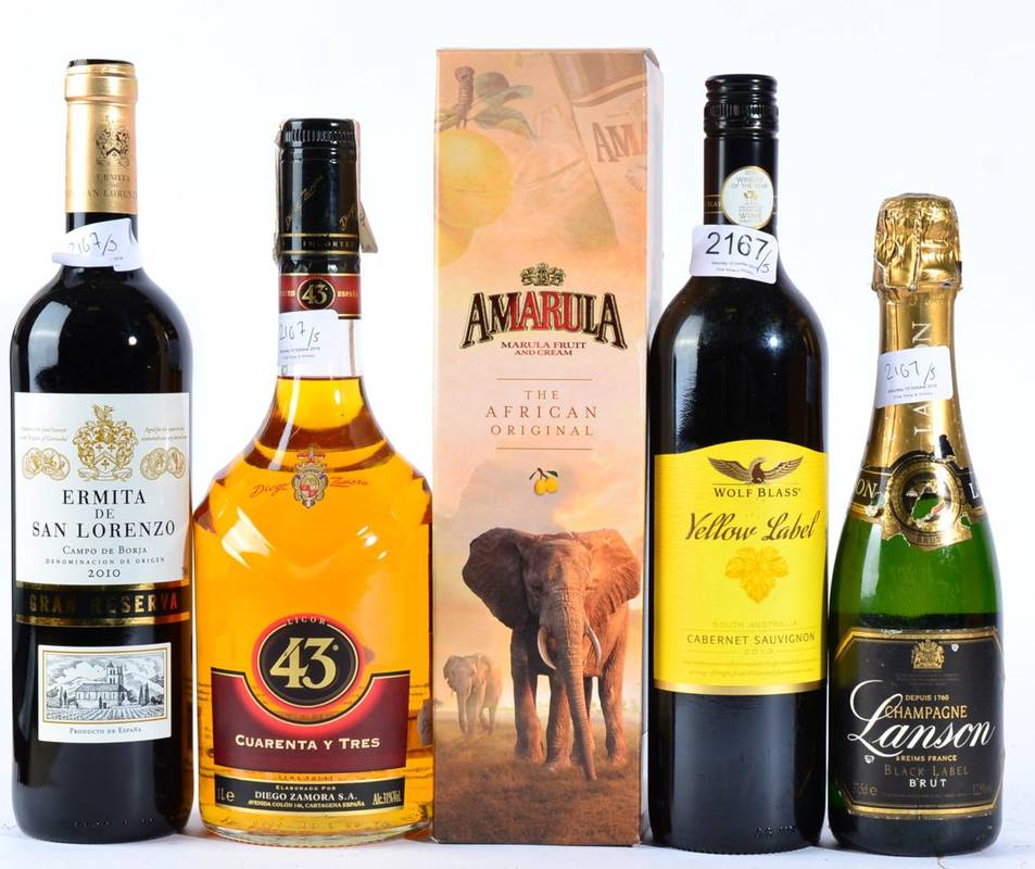 Lot 2167 - Wolf Blass Yellow Label 1 bottle, Amarula Cream Liqueur 1 bottle, Cuarenta y Tres Liqueur 1 bottle