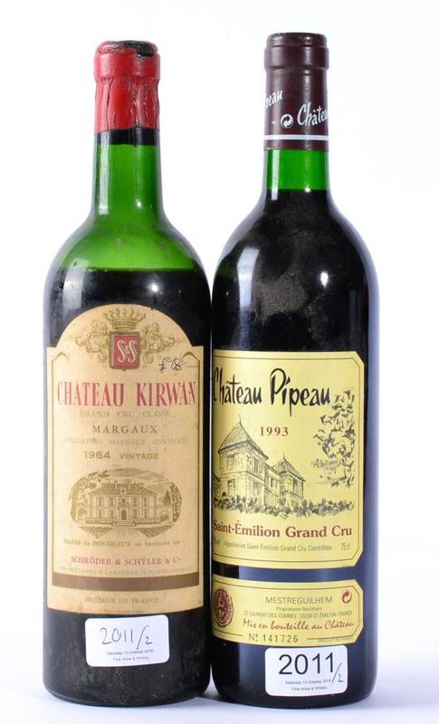 Lot 2011 - Chateau Pipeau 1993 Saint Emilion, 1 bottle and Chateau Kirwan 1964