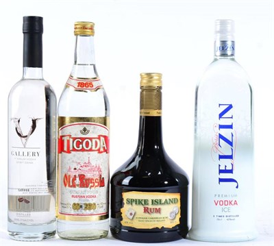 Lot 2254 - Vodka, Russian 400, 1 bottle, Coffee 2100 1 bottle and Jelzin 420 1 bottle, Spike Island Rum...