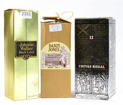 Lot 2333 - Johnnie Walker Black Label 12 YO 86.8 proof 1 bottle, Chivas Regal 12 YO 1l bottle, Danzy Jones...