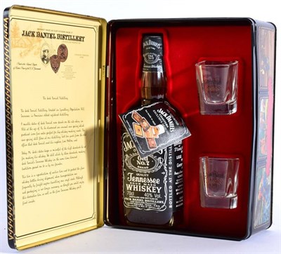 Lot 2337 - Jack Daniels Old No 7 1 bottle in gift tin with two glasses