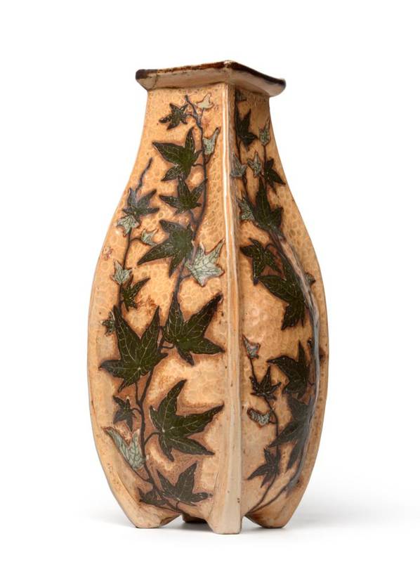 Lot 236 - A Martin Brothers Stoneware Vase, decorated with ivy, in greens and white, on a buff ground,...