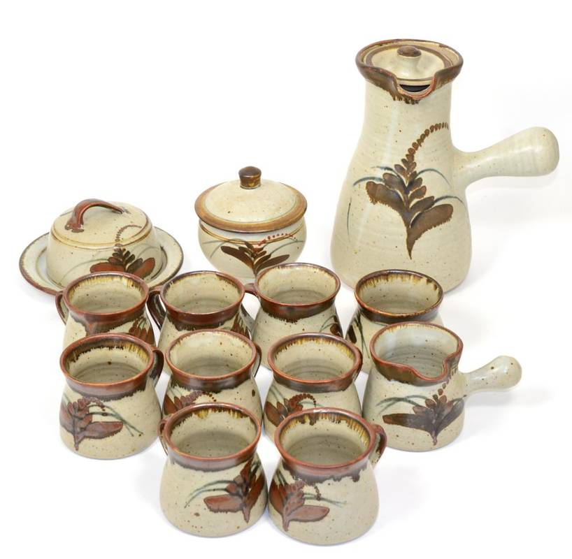 Lot 251 - A Lowerdown Pottery Foxglove Pattern Coffee Set, designed by David Andrew Leach, on a mottled...