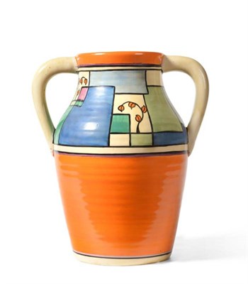 Lot 269 - A Clarice Cliff Branches and Square Twin-Handled Lotus Jug, painted in orange, blues, greens...