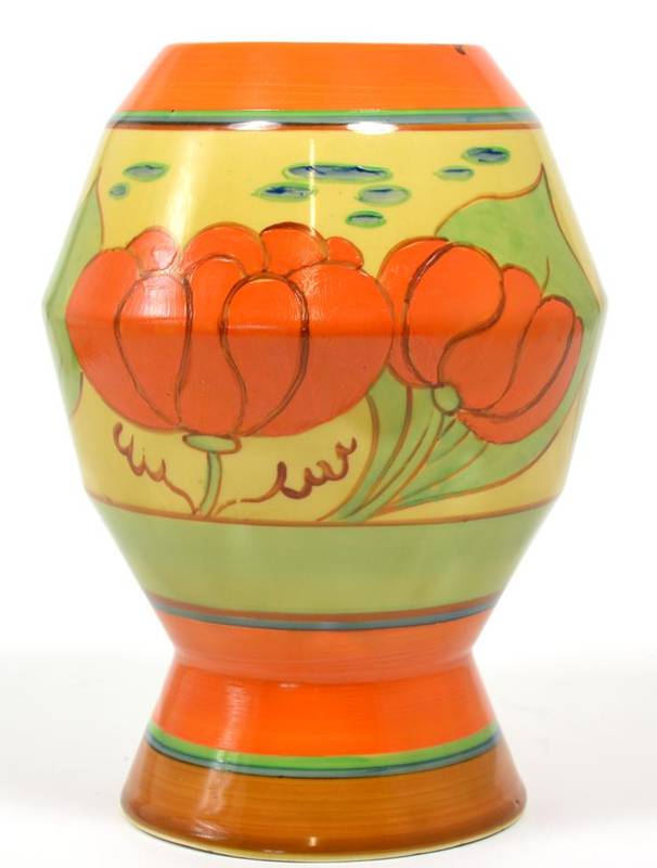 Lot 270 - A Clarice Cliff Orange Lily 365 Vase, painted in colours, between blue and green bands, printed...