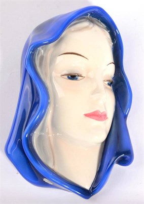 Lot 276 - A Goldscheider Mary Wall Mask, modelled with a blue head robe, printed factory mark, incised...